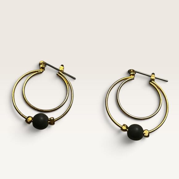 None and/or Unknown Jewelry - Modernist Gold Tone Double Hoop Dangle Earrings – Matte Black Bead Hoops